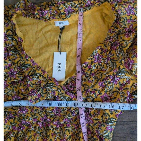 RAHI Anthropologie Floral Ruffle Mini Dress L Yellow Cotton Sleeve Cottagecore - Picture 5 of 7